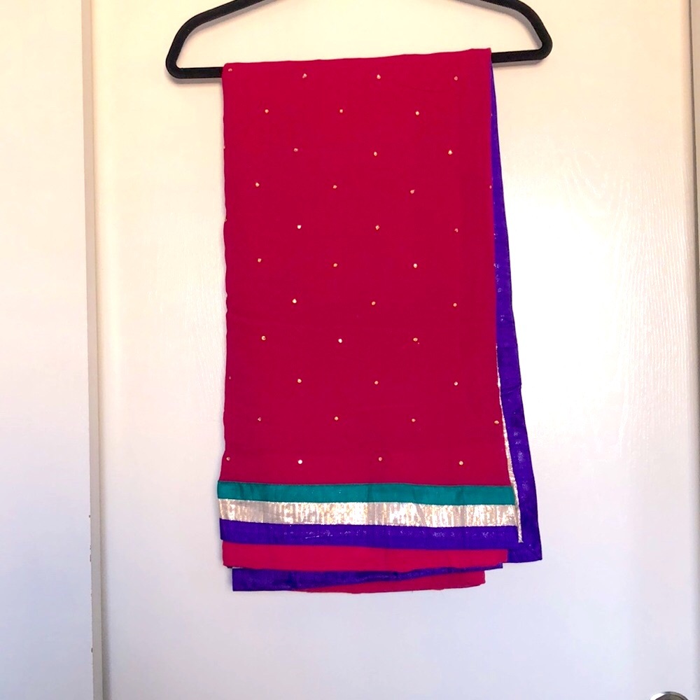 Saree rani color sari plain with house diamond embedded for Diwali temple pooja